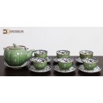 Bộ trà dáng quả dưa phong cách Nhật Bản men ngọc khắc sen